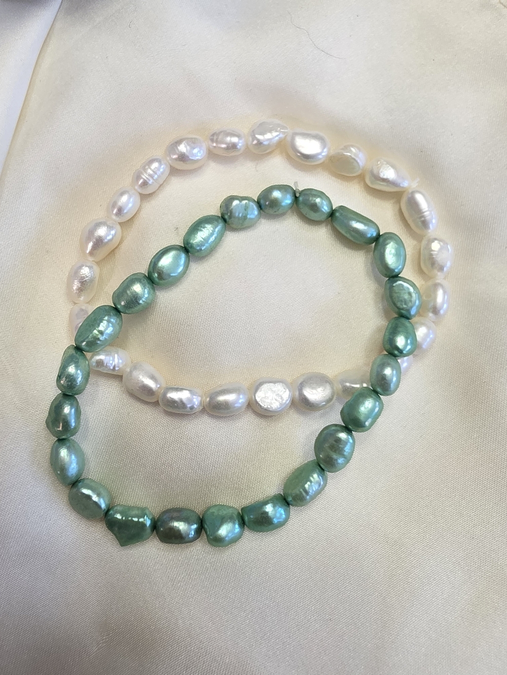 Set Of Two Freshwater Pearl Stretch Bracelets - Green & Cream